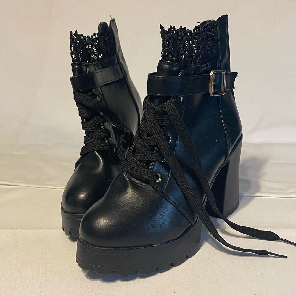 Goth Coquette Victorian Lace Trim Platform Boots Chunky Block Heel Black